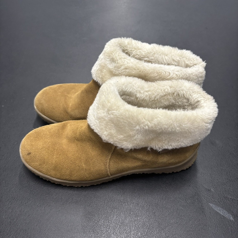 Minnetonka Leather Boots 85201‎ Tan Brown Faux Fur Size 8 Winter Water Resistant